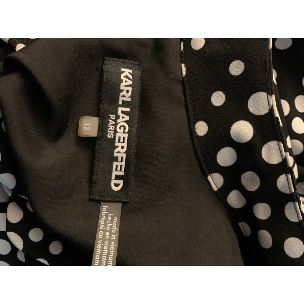 Karl Lagerfeld Paris Black White Polka Dot Tie Neck Dress Lined Size 12 - Picture 2 of 8